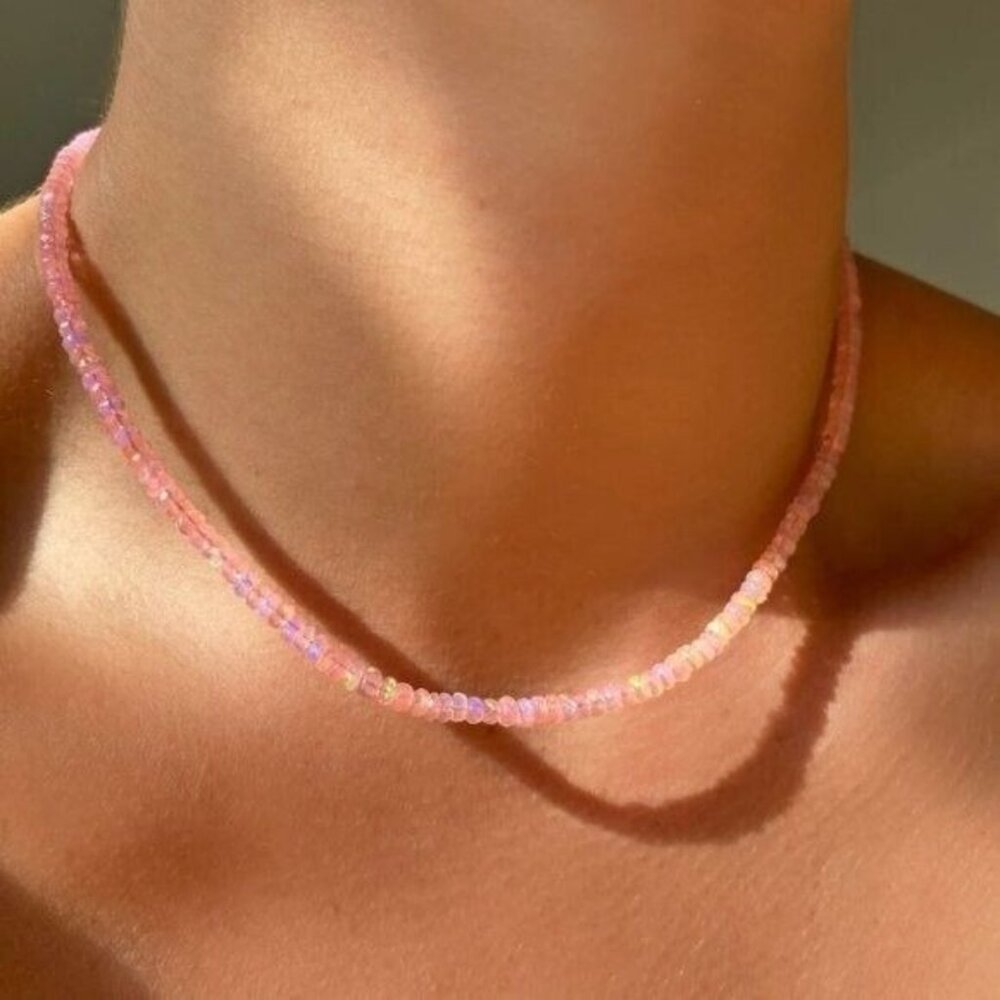 Stunning Necklace Ethiopian Pink Fire Opal Necklace Beaded Opal Necklace Pink
